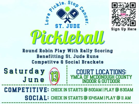 St. Jude Macomb to Peoria Run Pickleball Tourney Fundraiser Set for June 13